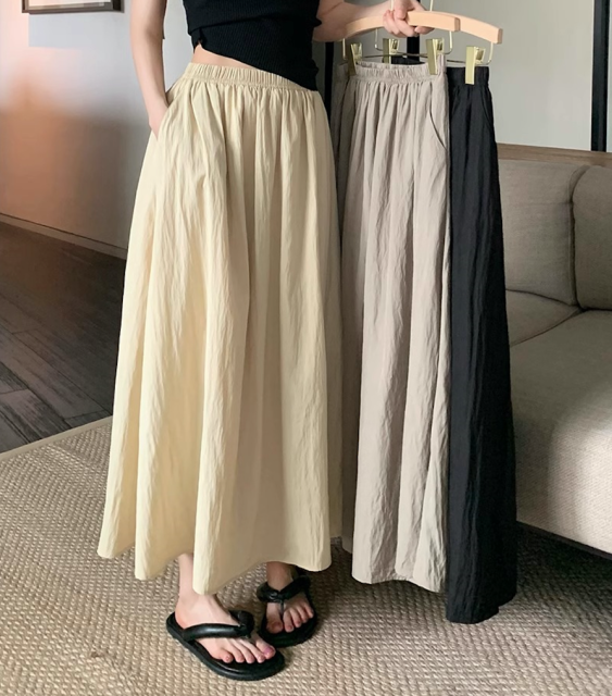 天絲防曬褶皺半身裙女夏季中長款鬆緊高腰遮胯顯瘦氣質a字傘裙子23071603