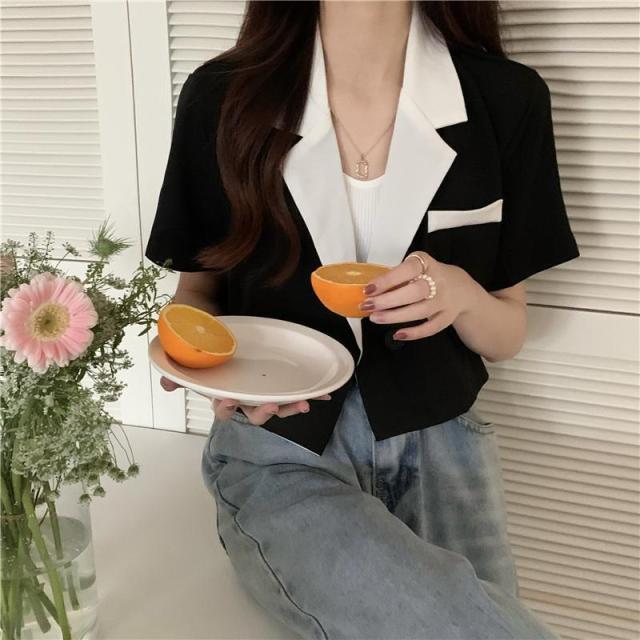 撞色短袖西裝外套夏季新款設計感小眾短款小個子高級感西服23071705
