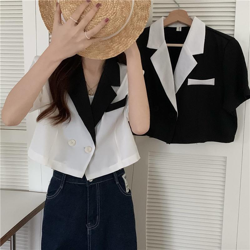 撞色短袖西裝外套夏季新款設計感小眾短款小個子高級感西服23071705
