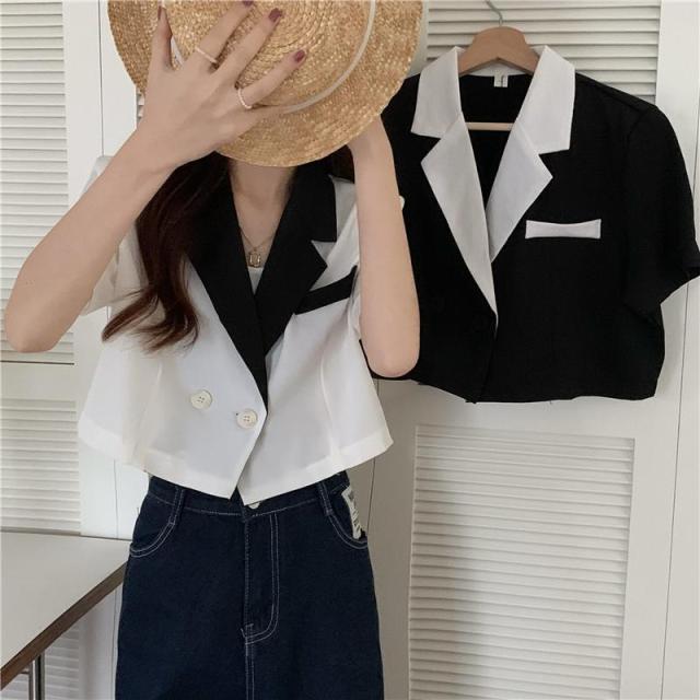 撞色短袖西裝外套夏季新款設計感小眾短款小個子高級感西服23071705