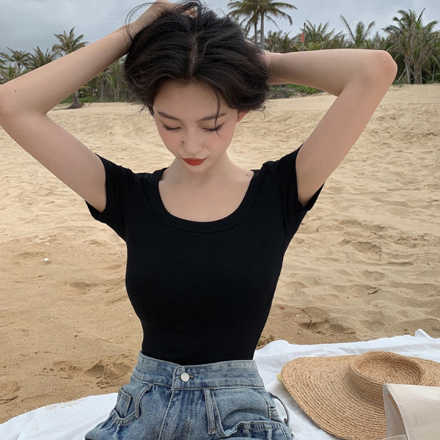 圓領正肩短袖t恤女螺紋棉修身顯瘦背心夏季23072003