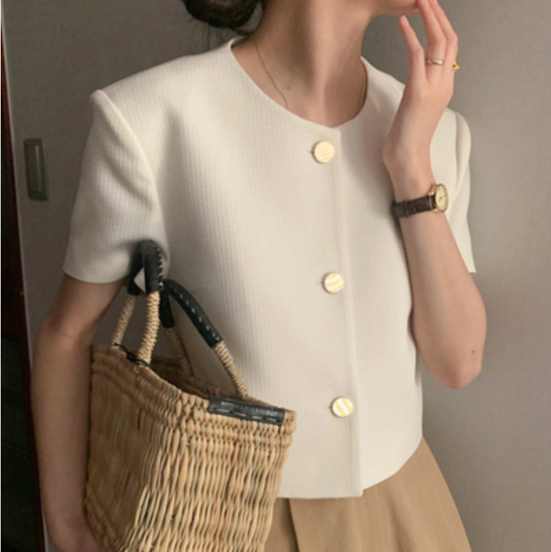 韓國chic夏季氣質小香風圓領單排扣寬松休閒百搭泡泡袖短款外套女23072801
