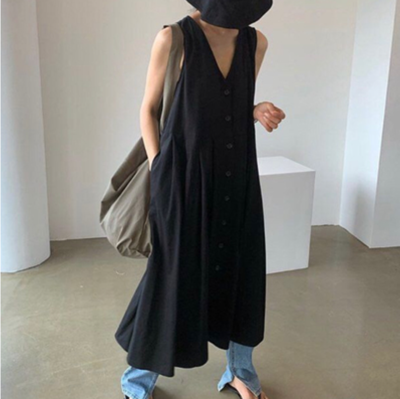 法式chic氣質棉麻背心長裙子女夏季新款無袖高級感兩穿寬松連衣裙23072901