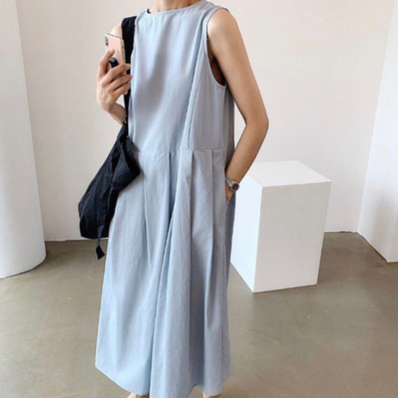 法式chic氣質棉麻背心長裙子女夏季新款無袖高級感兩穿寬松連衣裙23072901