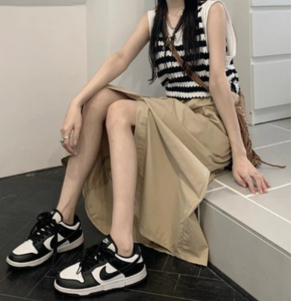 百搭鬆緊腰前開叉休閒半身裙女夏季新款寬松顯瘦中長款裙子23072905
