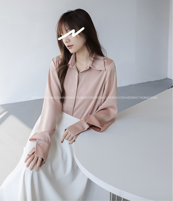 醋酸質感長袖襯衫女春季新款設計感袖口廓形氣質襯衣23081801