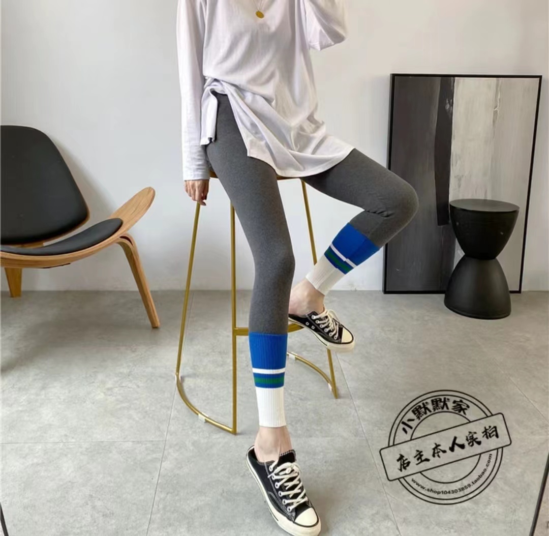 新品高腳口藍綠白螺紋拼接時尚洋氣外穿棉質九分彈力打底褲女23082101