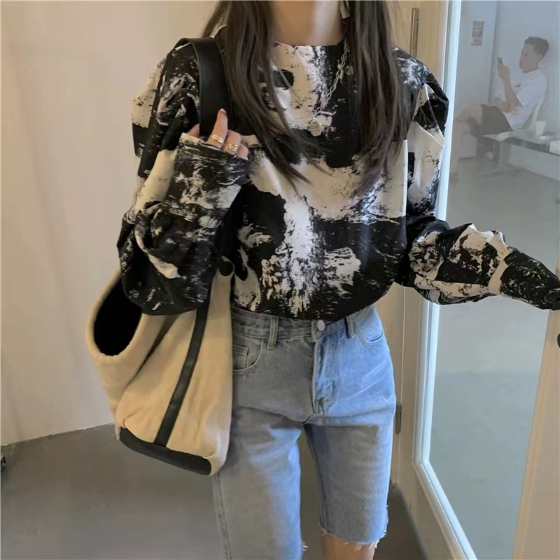 復古港味水墨印花襯衫女春秋韓系chic設計感小眾打底內搭圓領上衣23083107
