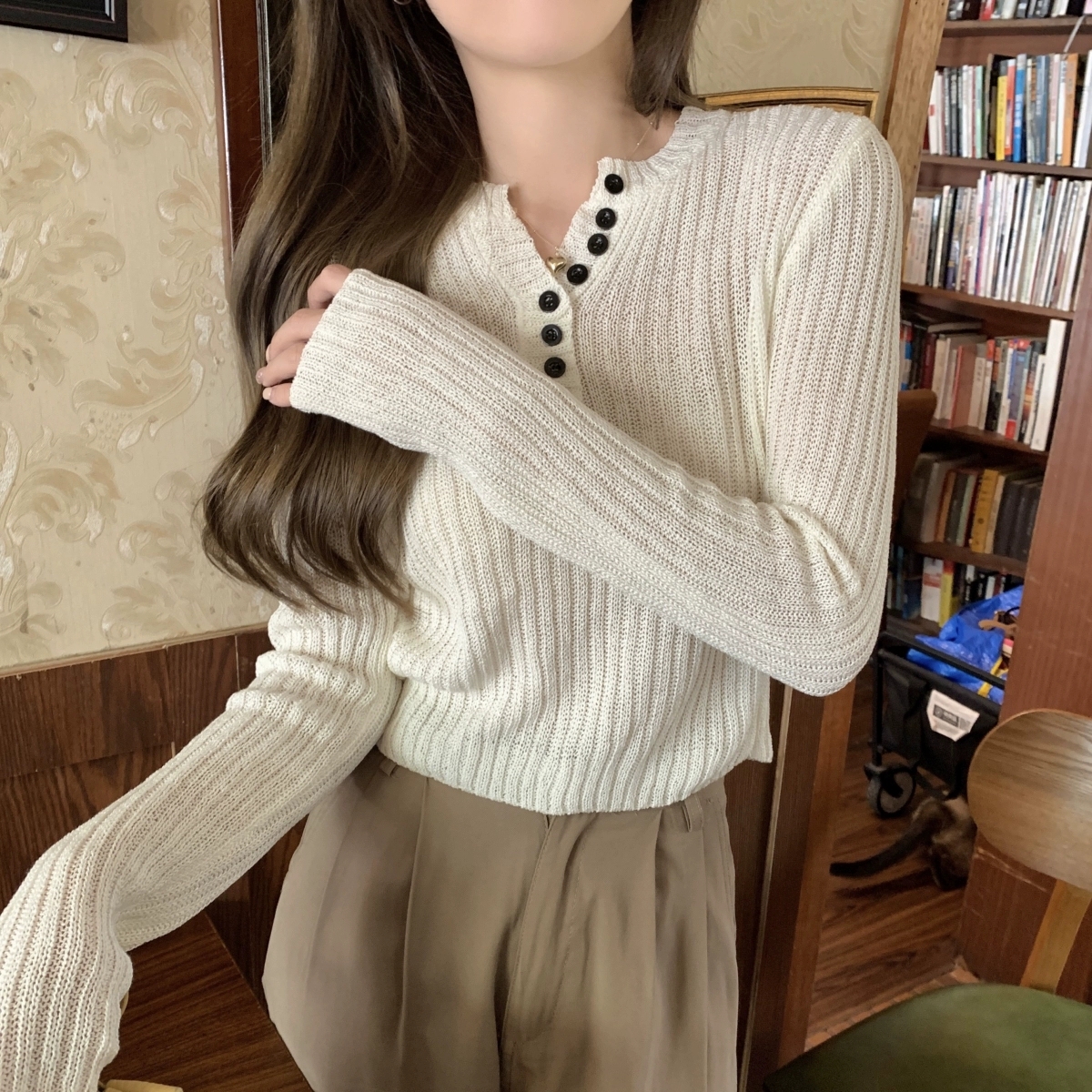 半開領修身氣質別緻長袖針織衫女秋季新款百搭顯瘦內搭打底衫上衣23090402