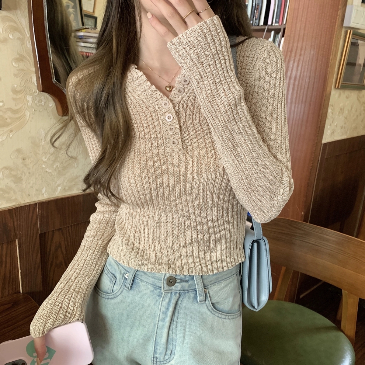 半開領修身氣質別緻長袖針織衫女秋季新款百搭顯瘦內搭打底衫上衣23090402