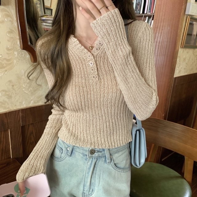 半開領修身氣質別緻長袖針織衫女秋季新款百搭顯瘦內搭打底衫上衣23090402