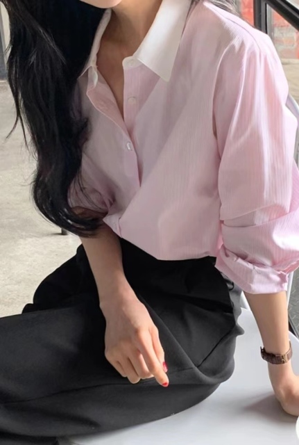 韓國chic春季小眾氣質撞色翻領寬松休閒百搭長袖條紋襯衫上衣女23090403