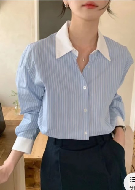 韓國chic春季小眾氣質撞色翻領寬松休閒百搭長袖條紋襯衫上衣女23090403