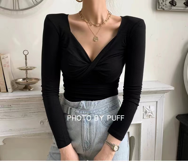 秋季新款韓東大門扭結修身顯瘦方領包身長袖T恤上衣Tshirtcoat23091401