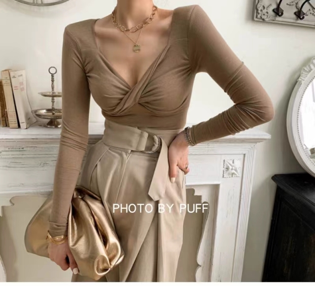 秋季新款韓東大門扭結修身顯瘦方領包身長袖T恤上衣Tshirtcoat23091401