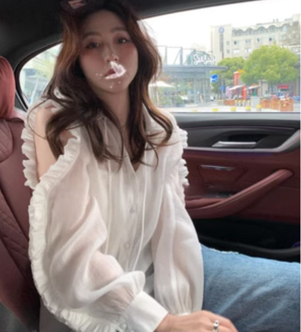 天使姐姐露肩襯衫90天絲感木耳邊精緻包扣23091505