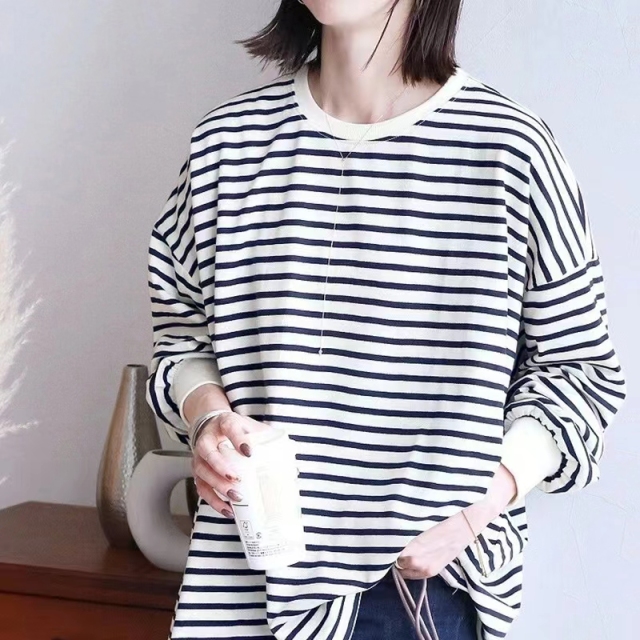 日系新品秋冬新款條紋衛衣女式寬松棉質大版打底上衣女23092705