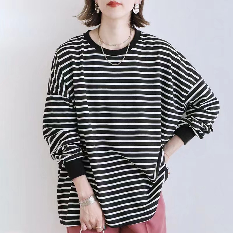 日系新品秋冬新款條紋衛衣女式寬松棉質大版打底上衣女23092705