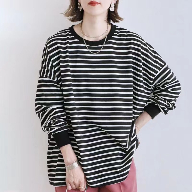 日系新品秋冬新款條紋衛衣女式寬松棉質大版打底上衣女23092705