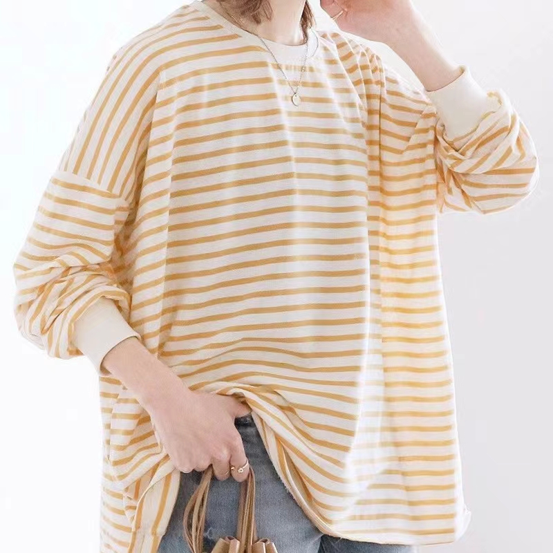 日系新品秋冬新款條紋衛衣女式寬松棉質大版打底上衣女23092705