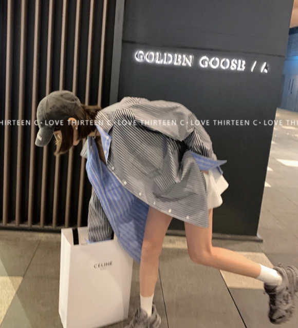 小眾兩面穿藍色條紋polo領襯衫oversize寬松顯瘦單排扣上衣防曬衫230100102