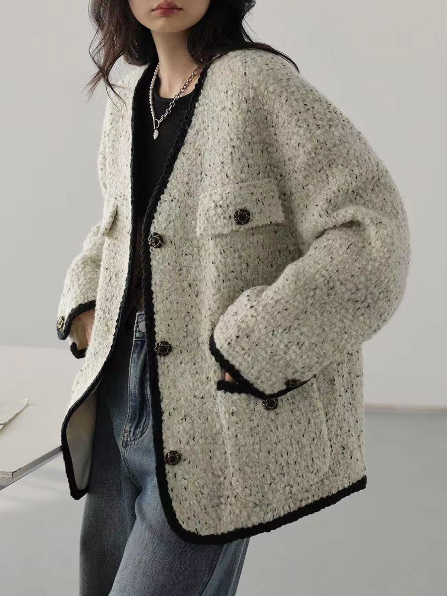 秋小香毛呢外套女重工長袖復古V領粗花呢上衣23100705