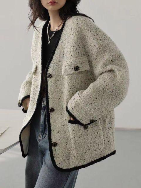 秋小香毛呢外套女重工長袖復古V領粗花呢上衣23100705