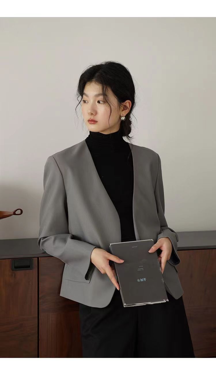 高級感無領西裝外套女小西服上衣嘉茱莉新款氣質英倫風短款小西裝23100708