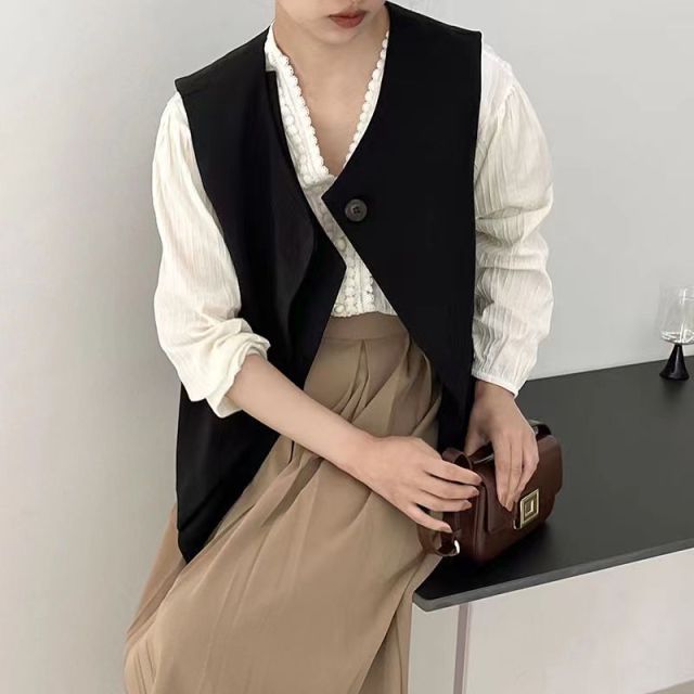復古文藝西裝馬甲女秋小香風一粒扣西服背心外套寬松V領無袖坎肩23100905