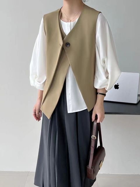復古文藝西裝馬甲女秋小香風一粒扣西服背心外套寬松V領無袖坎肩23100905