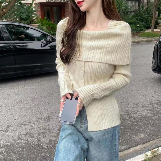 針織開衫打底衫女一字肩小眾外套設計感露肩毛衣女秋冬小上衣23102301