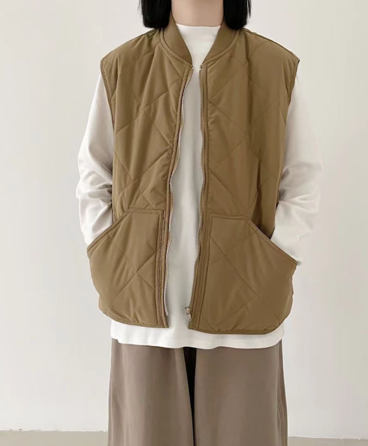 文藝純色菱格夾棉工裝馬甲外套大碼女裝棒球領休閒百搭保暖棉坎肩23102904