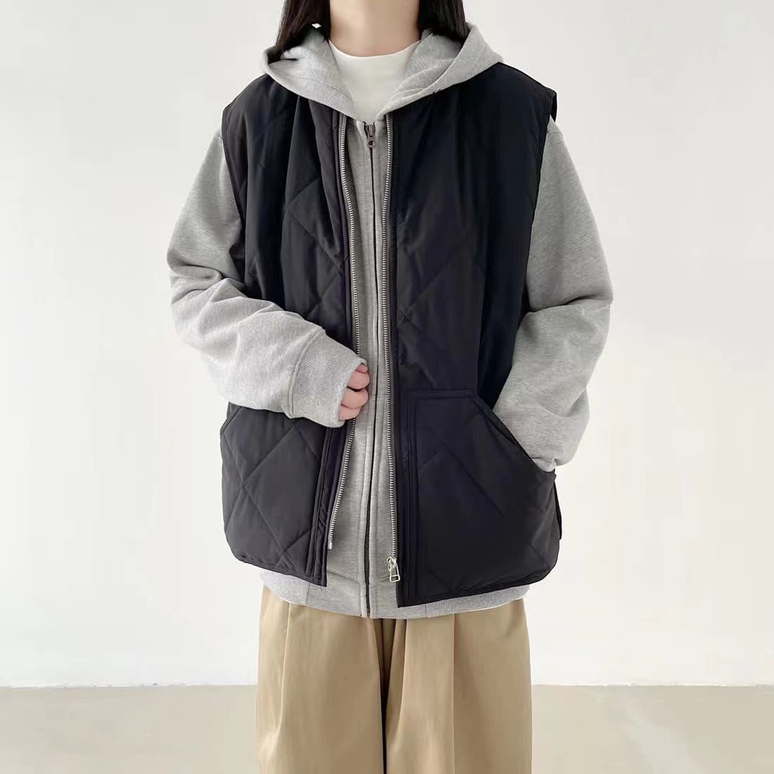文藝純色菱格夾棉工裝馬甲外套大碼女裝棒球領休閒百搭保暖棉坎肩23102904