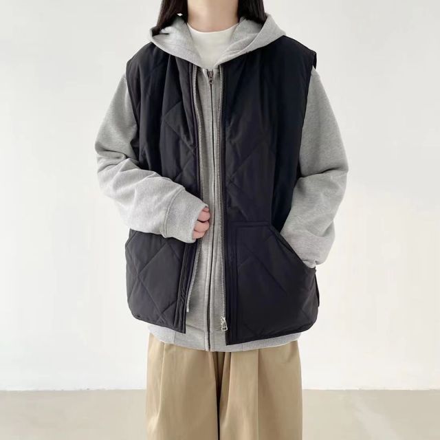 文藝純色菱格夾棉工裝馬甲外套大碼女裝棒球領休閒百搭保暖棉坎肩23102904