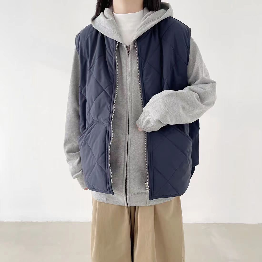 文藝純色菱格夾棉工裝馬甲外套大碼女裝棒球領休閒百搭保暖棉坎肩23102904