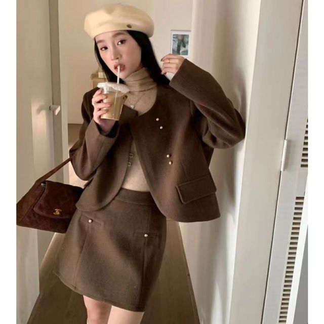 小個子毛呢套裝女秋季設計高級感氣質短外套顯瘦半身裙兩件套時尚23110503