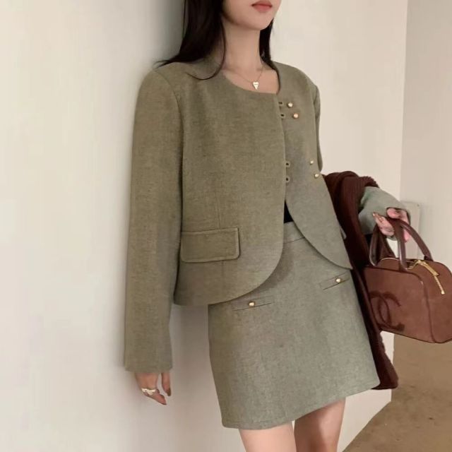 小個子毛呢套裝女秋季設計高級感氣質短外套顯瘦半身裙兩件套時尚23110503