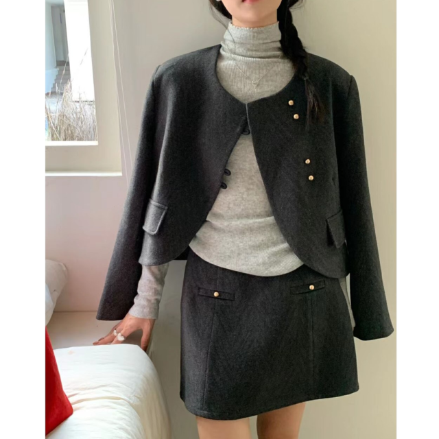 小個子毛呢套裝女秋季設計高級感氣質短外套顯瘦半身裙兩件套時尚23110503