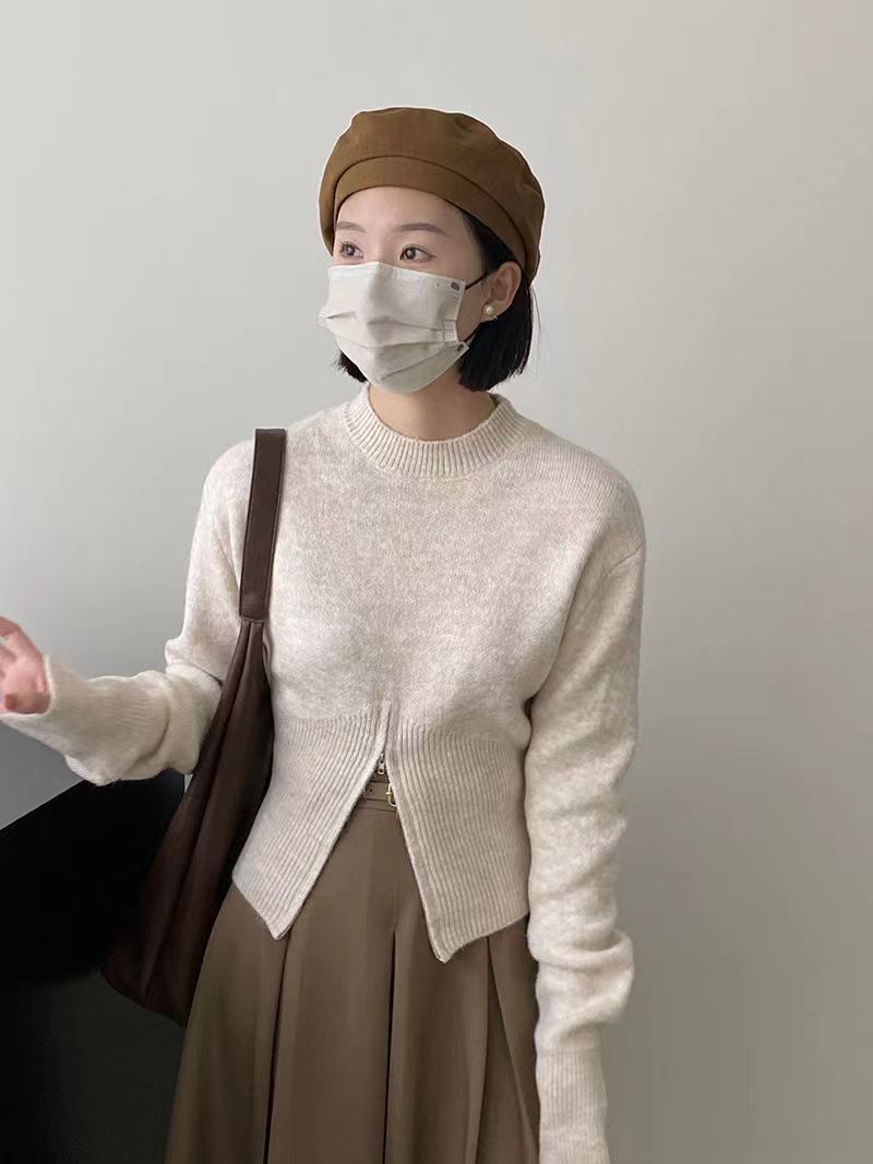 韓國chic秋季小眾氣質圓領拉鍊設計寬松百搭長袖針織衫純色毛衣女23110905