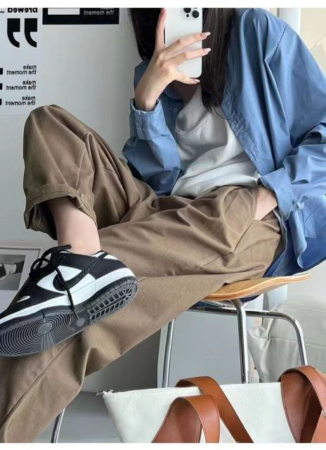 春秋季哈倫蘿蔔褲寬松直筒顯瘦大碼休閒卡其色工裝褲梨形身材褲女23110906