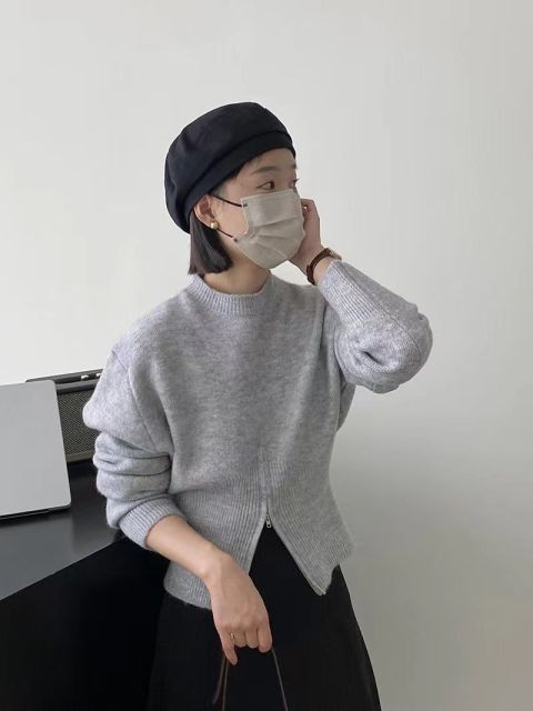 韓國chic秋季小眾氣質圓領拉鍊設計寬松百搭長袖針織衫純色毛衣女23110905