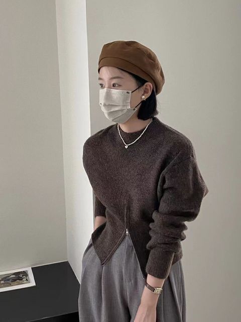 韓國chic秋季小眾氣質圓領拉鍊設計寬松百搭長袖針織衫純色毛衣女23110905