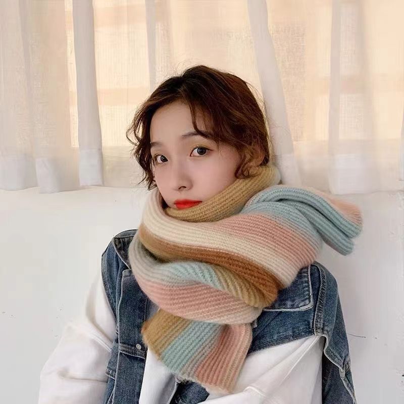 彩虹針織圍巾女秋冬加厚保暖披肩韓版學生可愛少女圍脖23111404