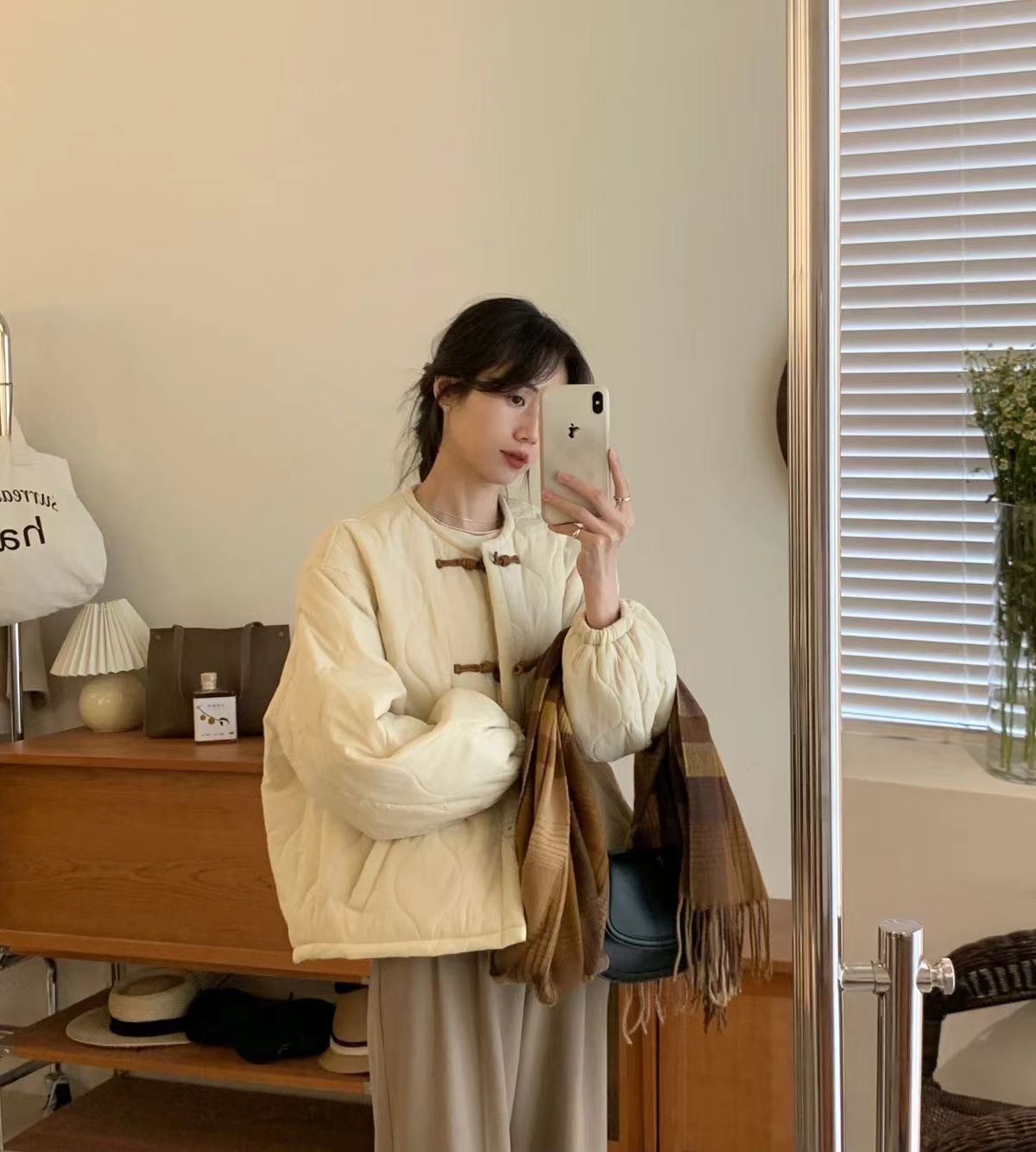 新中式國風圓領菱格短款棉服女冬季小個子別緻牛角扣麵包服23111802