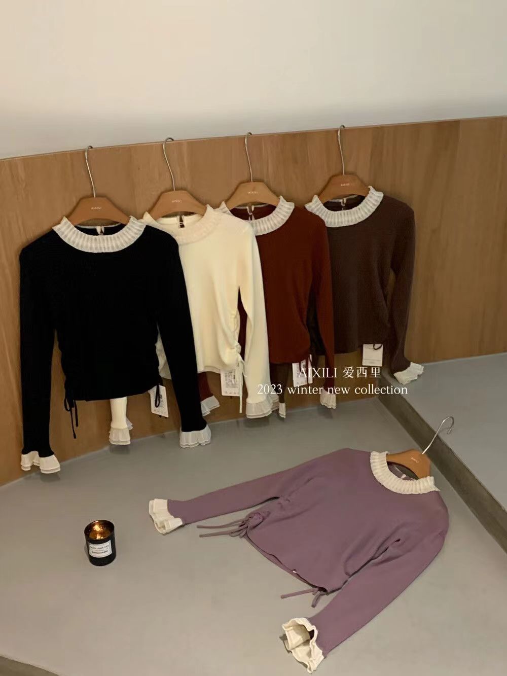 高端復古紅色別緻漂亮毛衣女法式木耳邊針織打底衫秋冬23111906
