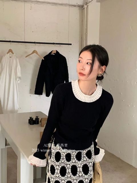 洋氣減齡娃娃領毛上衣外套女士秋冬款設計感小眾香風內搭針織開衫23111906