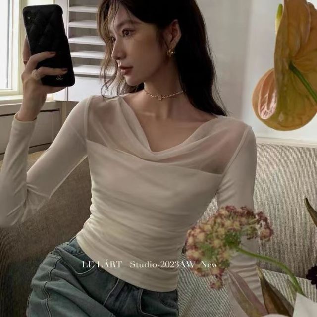 原一自制法式修身顯瘦蕩領網紗拼接長袖打底衫上衣女新款秋季23112606