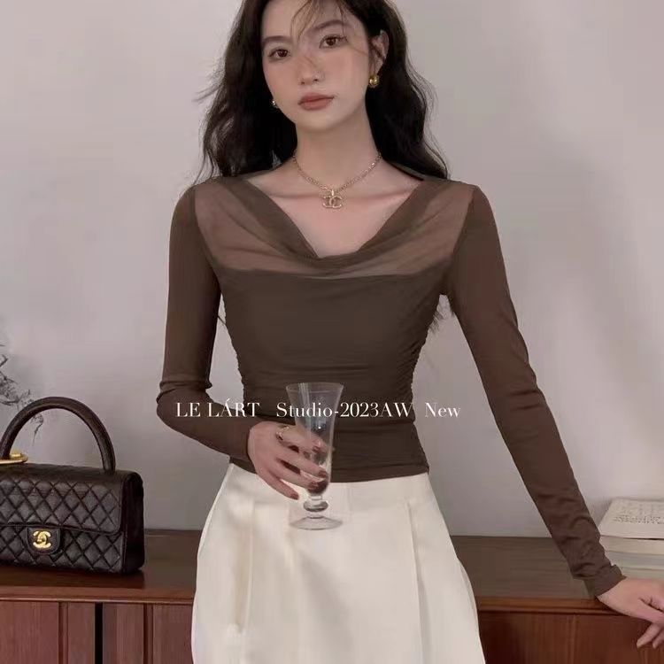 原一自制法式修身顯瘦蕩領網紗拼接長袖打底衫上衣女新款秋季23112606