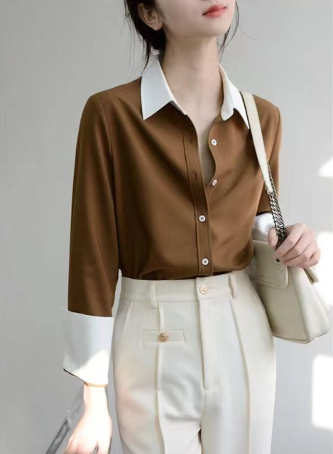 高級感寬松休閒長袖微寬松襯衫女chic寶藏上衣棉23113001