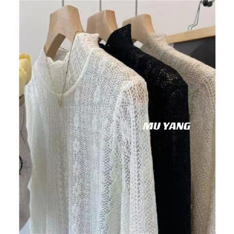 半高領蕾絲打底衫女春秋季洋氣寬松百搭法式氣質別緻內搭長袖上衣23120206